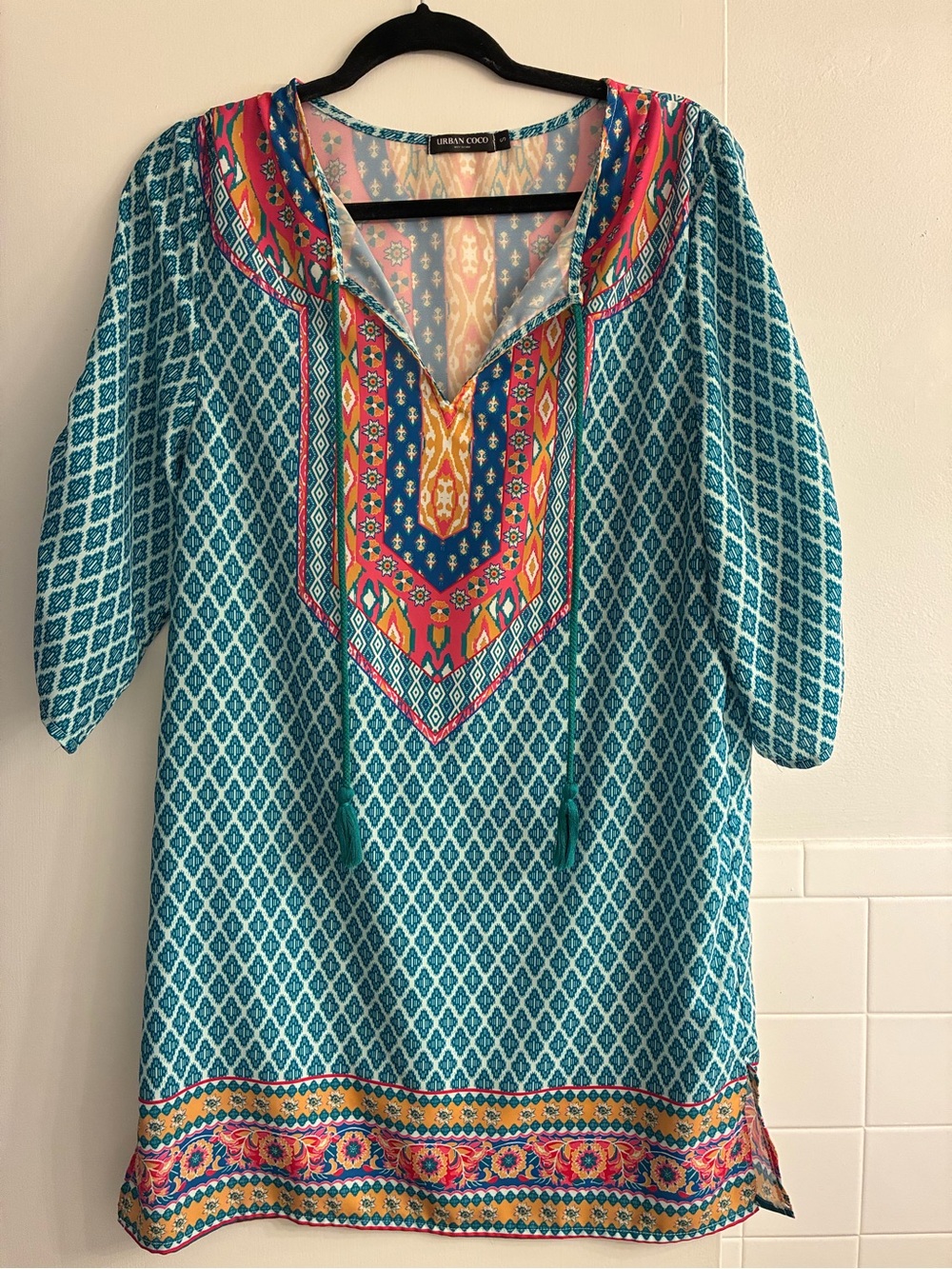 Urban Coco Teal Printed Mini Dress with Embroidered Yoke